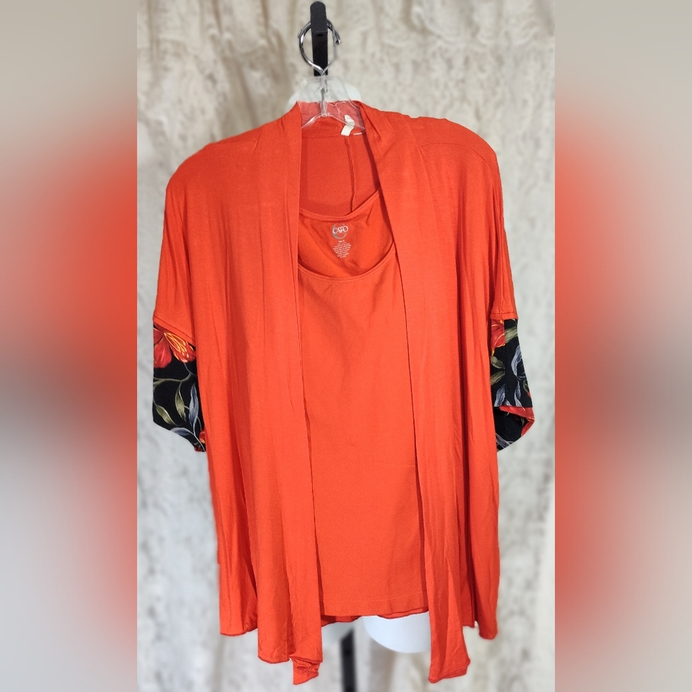 Vibrant Knit Tomato Red Open Drape Front Jacket Tank And Matching Pant Set